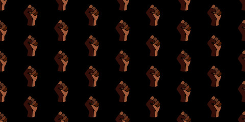 Symbol of the black freedom movement. Black lives matter. Vector pattern with fist of different skin tones on black background.
