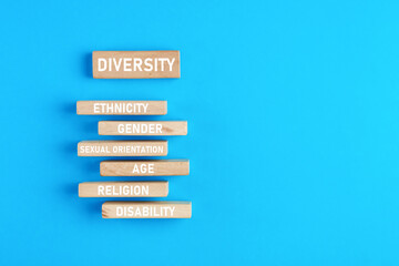 Diversity and equality concept. The subgroups or types of diversity words written on wooden blocks.