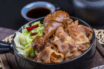 Beef kohlrabi with chicken legs and beef on wooden table
