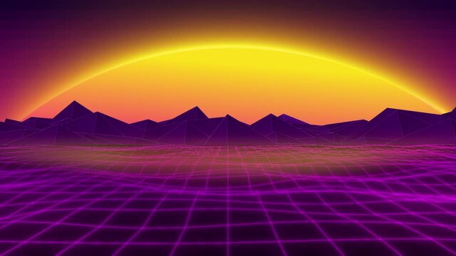 Synthwave Retro Vintage glowing landscape loop animated Background with sun set view scene DJ loop VJ loop motion graphics 