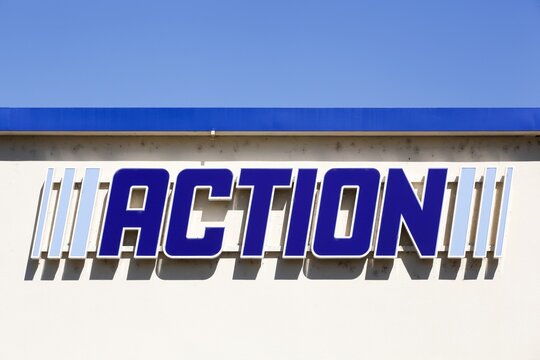 Tarare, France - May 31, 2020: Action logo on a wall. Action is an, originally Dutch, international discount store-chain owned by the British private-equity fund 3i