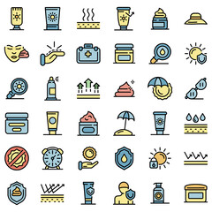Uv protection icons set. Outline set of uv protection vector icons thin line color flat on white