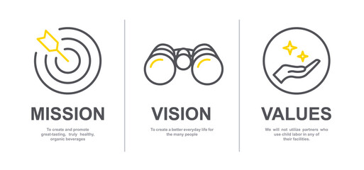Mission, Vision and Values of company with text. Web page template. Modern flat design. Abstract icon. Purpose business concept. Mission symbol illustration. Abstract eye. Business presentation V4 - obrazy, fototapety, plakaty