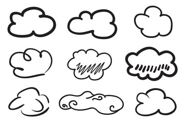 Clouds on isolation background. Doodles on white. Hand drawn line art. Black and white illustration. Nature concept