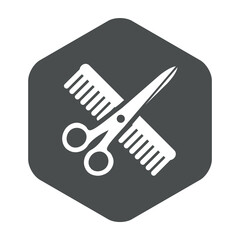 Concepto peluquería. Logotipo con tijeras de peluquero y peine en hexágono color gris
