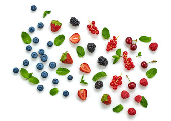Naklejka na ściany i meble Blueberry, raspberry, blackberry, redcurrant, strawberry, cherry isolated on white. Fresh blueberry, berries mix closeup. Red raspberry, blue blackberry, mint creative composition.