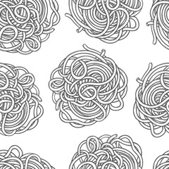 Spaghetti pasta or Oriental noodles. Seamless, background. Traditional Italian or ramen. Hand-drawn style of engraving, ink, outline. Vector illustration isolated on white.