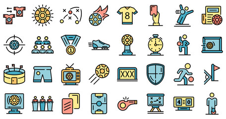 Soccer icons set. Outline set of soccer vector icons thin line color flat on white