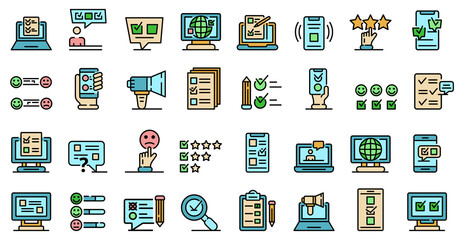 Online survey icons set. Outline set of online survey vector icons thin line color flat on white