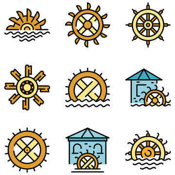 Water mill icons set. Outline set of water mill vector icons thin line color flat on white