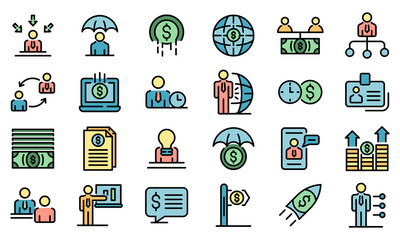 Financial advisor icons set. Outline set of financial advisor vector icons thin line color flat on white