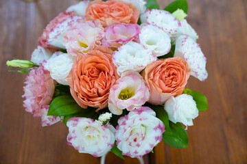 view top. bouquet of white and pink peony roses. 