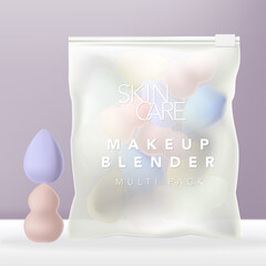 Vector Colorful Make Up Blender, Make-up Sponge or Applicator in Frosted Semi Transparent Zip Lock Bag Packaging.