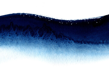 Navy blue splash watercolor textured background. Hand drawn ultramarine and black gradient wave. Blue shades, indigo wash drawing, smears, aquarelle brush strokes, wallpaper.
