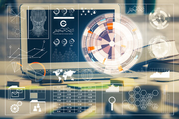 Multi exposure of desktop computer and technology theme hologram. Concept of software development.