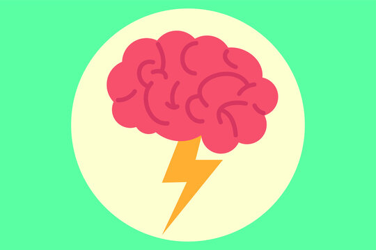 Creativity vector concept: brain with lightning icon inside a circle over mint green background 
