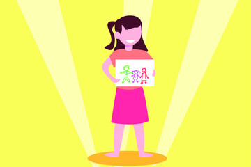 Kids vector concept: girl showing a drawing of her happy family