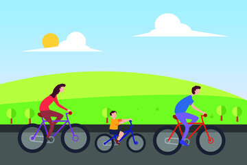 Naklejka premium Family outdoor vector concept: group of family cycling together along the hills