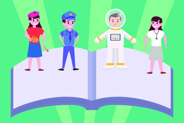 Fototapeta premium Kids education vector concept: kids wearing uniform or clothes from different professions on a book