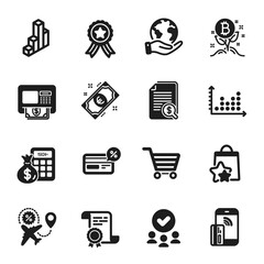 Set of Finance icons, such as Contactless payment, Bitcoin project. Certificate, approved group, save planet. Loyalty points, Cashback, Market sale. Euro money, Financial documents, 3d chart. Vector