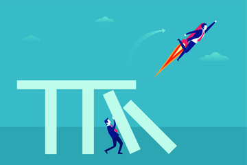 Business vector concept: businessman leaving his colleague by rocket while he is struggling to hold the falling business chart pillars