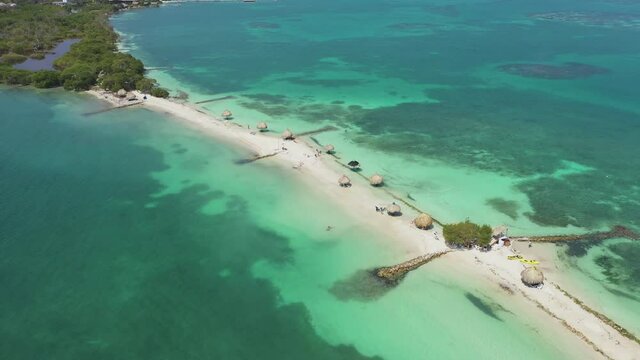 Turquoise paradise white sand beach on the island in Colombia aerial view.