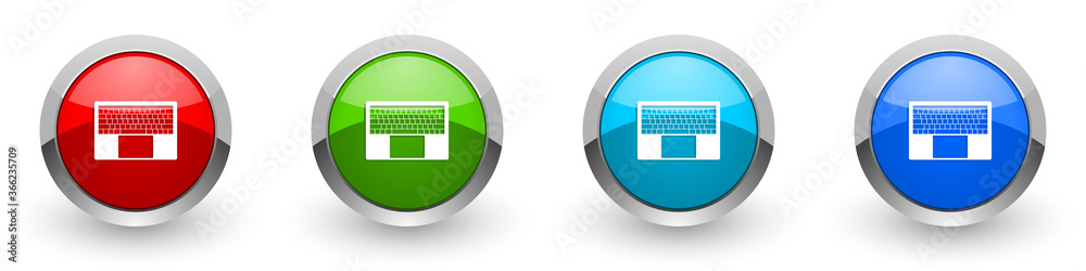 Leinwandbilder Notebook and laptop keyboard silver metallic glossy icons, concept set of modern design buttons for web, internet and mobile applications in four colors options isolated on white background