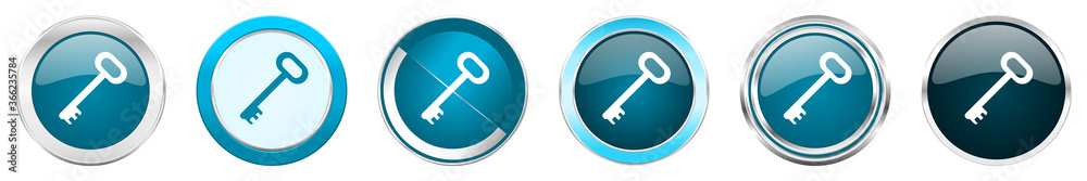 Leinwandbilder key silver metallic chrome border icons in 6 options, set of web blue round buttons isolated on whit