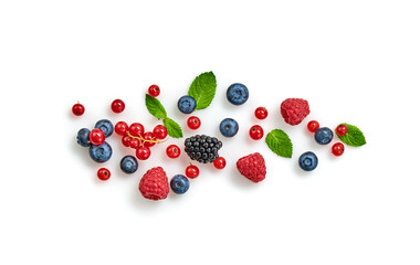 Blueberry, raspberry, blackberry, redcurrant isolated on white. Fresh blueberry, berries mix closeup. Red raspberry, blue blackberry, mint creative composition. Colorful trendy concept, top view.