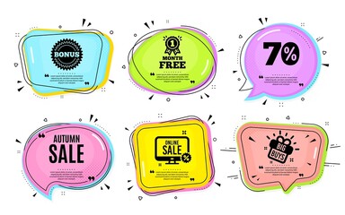 Autumn Sale. Big buys, online shopping. Special offer price sign. Advertising Discounts symbol. Quotation bubble. Banner badge, texting quote boxes. Autumn sale text. Coupon offer. Vector