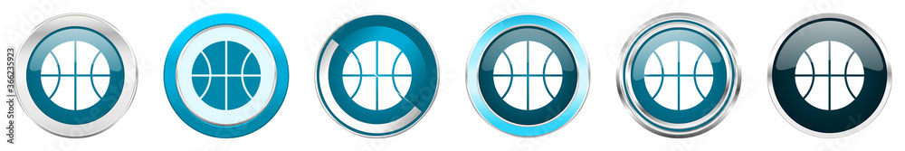 Poster Ball silver metallic chrome border icons in 6 options, set of web blue round buttons isolated on white background