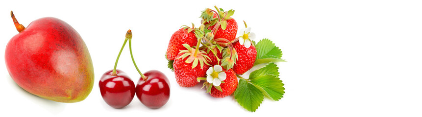 Fruits and berries isolated on a white . Collage. Wide photo. Free space for text.