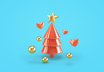 Red christmas tree with golden star, spheres and hearts on blue background. 3D rendering