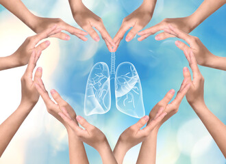 World Tuberculosis Day and No Tobacco campaign. People surrounding lungs illustration, making heart...