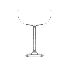 Coupe cocktail glass for champagne isolated on white. Hand drawn illustration. Pencil sketch of empty glassware for alcohol drink. Design element for bar and restaurant menu, recipes, flyers.