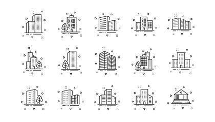 Bank, Hotel, Courthouse. Buildings line icons. City, Real estate, Architecture buildings icons. Hospital, town house, museum. Urban architecture, city skyscraper. Linear set. Vector
