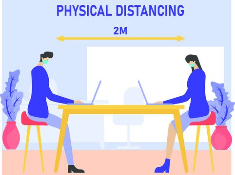 New Normal Vector Concept: Business People Doing Physical Distancing While Working