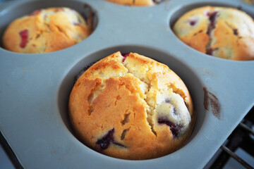 close gluten-free rice and corn flour muffin with cherries in a gray silicone mold only from the oven side view . homemade cake