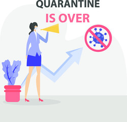 Business new normal vector concept: businesswoman shouting the end of quarantine near the business chart arrow