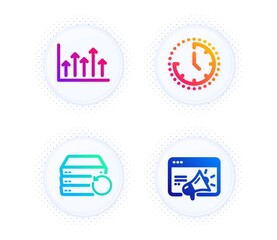Recovery server, Growth chart and Time icons simple set. Button with halftone dots. Seo marketing sign. Backup data, Upper arrows, Clock. Megaphone. Science set. Vector
