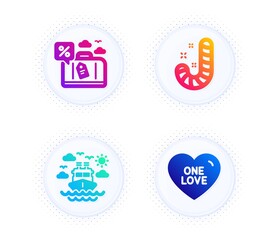 Travel loan, Ship travel and Candy icons simple set. Button with halftone dots. One love sign. Trip discount, Cruise transport, Lollypop. Sweet heart. Holidays set. Vector