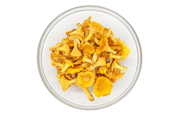 Chanterelle mushrooms in a glass plate on a white background.