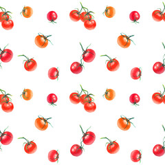 Watercolor colorful pattern with fresh ripe tomatoes. White background.