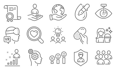 Set of People icons, such as Thoughts, Eye drops. Diploma, ideas, save planet. Capsule pill, Eye laser, Augmented reality. Customer satisfaction, Stats, Security agency. Vector