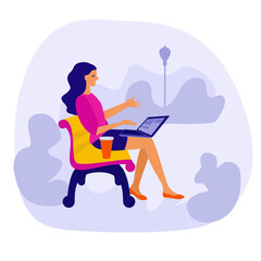 Young woman, girl, sitting on a bench in the park with a laptop. Vector illustration.