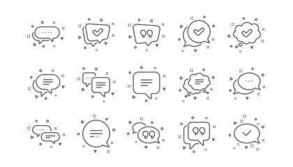 Approved, Checkmark box and Social media message. Chat and quote line icons. Chat speech bubble, Tick or check mark, Comment quote icons. Think speech bubble. Linear set. Geometric elements. Vector