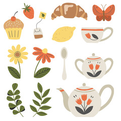 Set of tea service, garden flowers and snacks. Collecton of isolated teatime elements. Vector illustration.