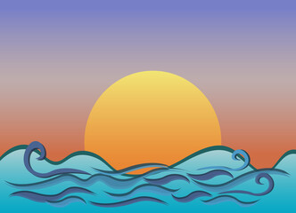 Nature sea with fairy waves, sky, beautiful sunset wallpaper vector illustration
