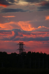 Multicolored clouds in the evening at sunset silhouette of the forest and high-voltage tower