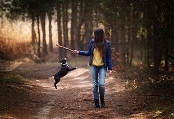 girl with dog boston terrier walk